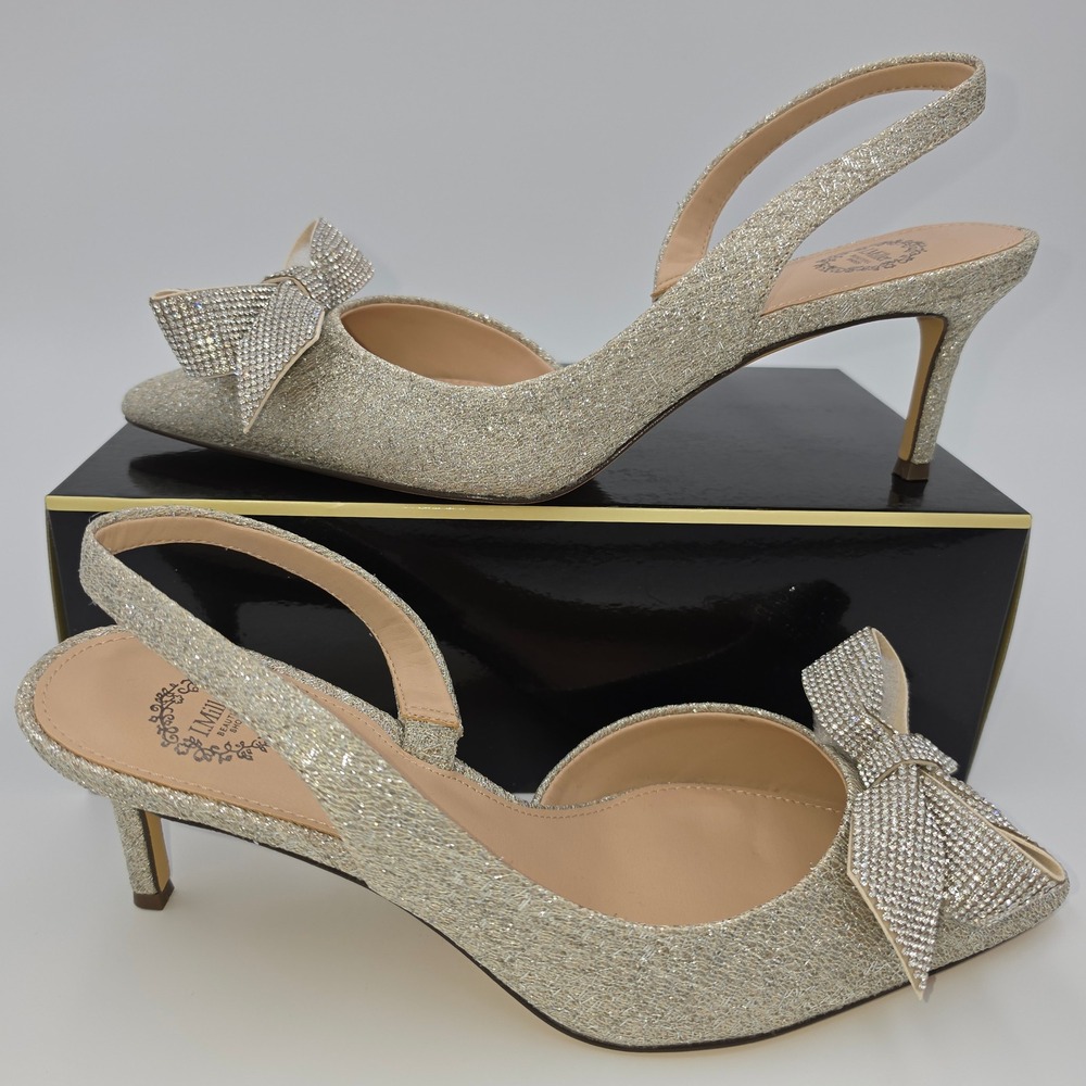 I. Miller Nanelia Bow Evening Slingback Pumps Platino Gold Glitter Heels 9.5 NWB